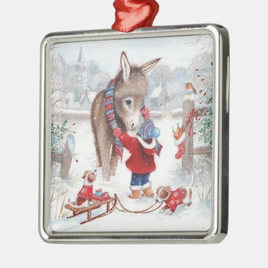 ロバのクリスマスかわいい家族 メタルオーナメント (左)