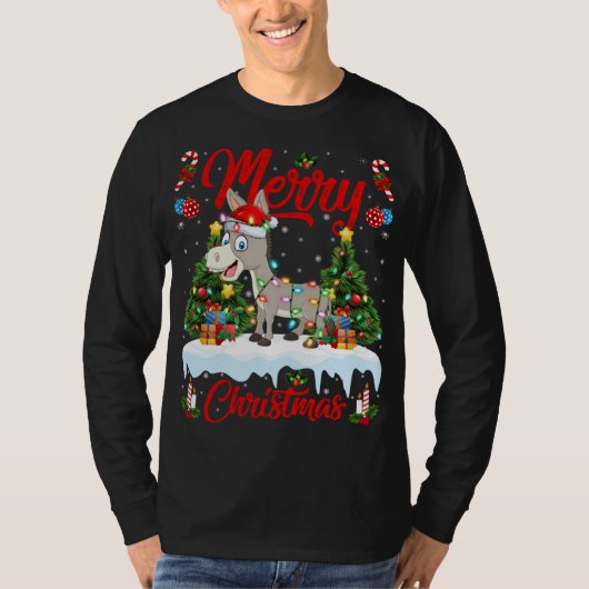ロバのライトクリスマスツリーおもしろいサンタロバのクリスマス Tシャツ (正面)
