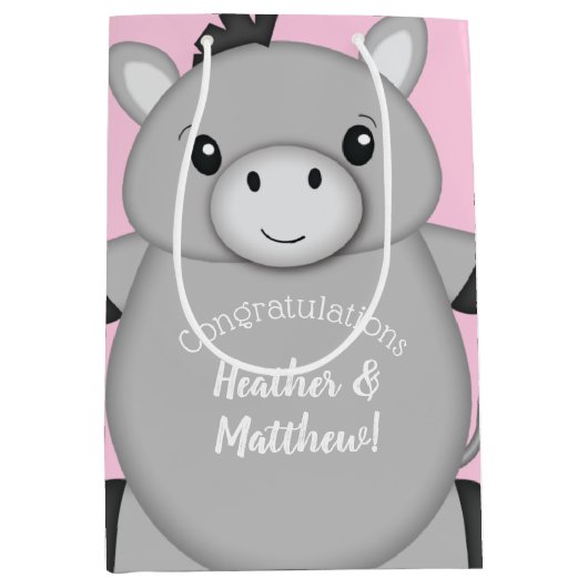 ロバの赤ちゃんシャワーピンク ミディアムペーパーバッグ (正面)