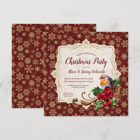 ロビンとゴールドグリッターの雪の結晶クリスマスパーティー 招待状 (正面/裏面)