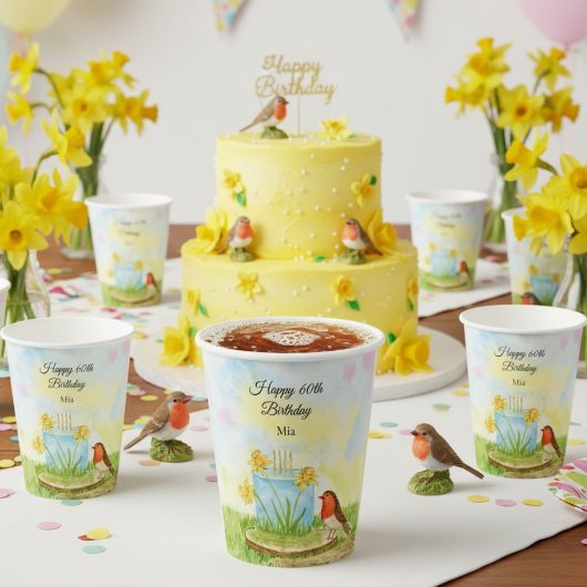 ロビンと水仙のケーキの60歳の誕生日 紙コップ