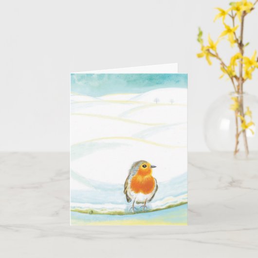ロビンと白い冬の風景のイラスト カード (黄色い花)