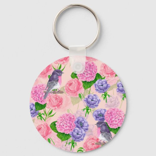 ロビンと花、水彩模様 キーホルダー (正面)
