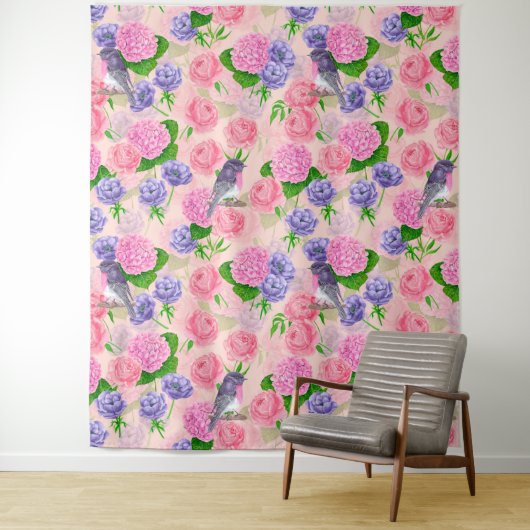 ロビンと花、水彩模様 タペストリー (インサイチュ)