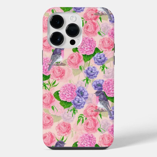 ロビンと花、水彩模様 iPhoneケース (裏面)