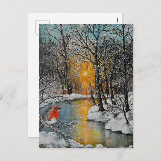 ロビンと雪に覆われた冬の日没の森林の風景 シーズンポストカード (正面/裏面)