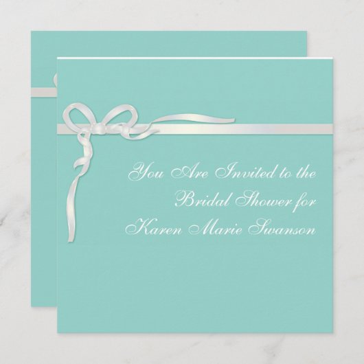 ロビンの卵青ジュエリーボックスと白いリボン 招待状 (正面/裏面)