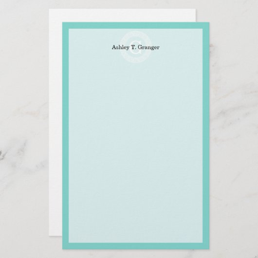 ロビンエッグウィットギリシャ鍵Rndフレームイニシャルモノグラム 便箋 (正面/裏面)