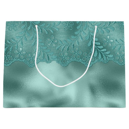 ロビンエッググリーンのレースのウェディングシャワー ラージペーパーバッグ (正面)