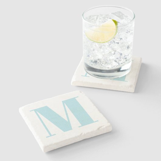 ロビンエッグブルーとホワイトの水玉模様のモノグラム ストーンコースター (横)