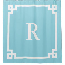 ロビンエッグブルーと白ギリシャ鍵モノグラム シャワーカーテン