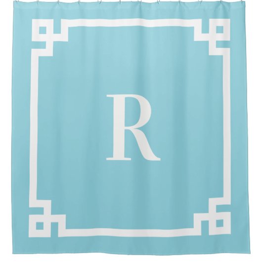 ロビンエッグブルーと白ギリシャ鍵モノグラム シャワーカーテン (正面)