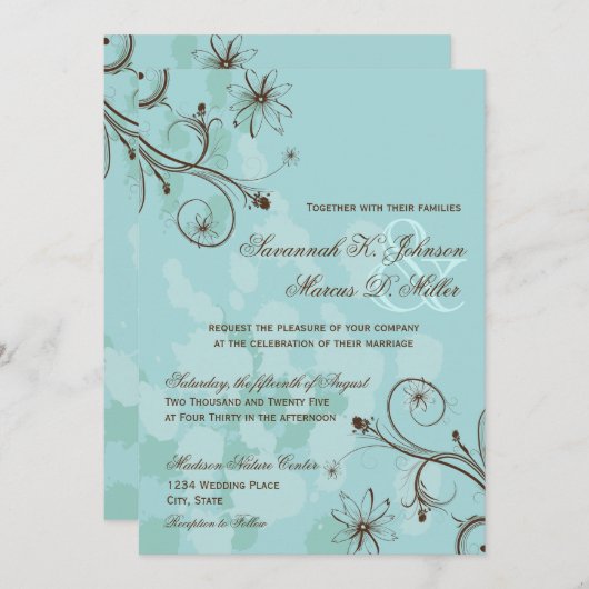 ロビンエッグブルーブラウンフローラ結婚式招待状 招待状 (正面/裏面)