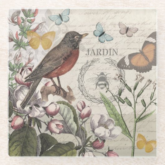 ロビンエレガントバードバタフライフランスのアート ガラスコースター (正面)
