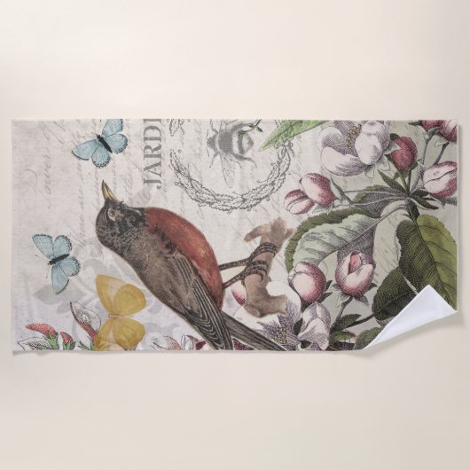 ロビンエレガントバードバタフライフランスのアート ビーチタオル (正面)