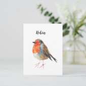 ロビンギフトカードの絵を描水色の鳥。 案内ポストカード (スタンド正面)