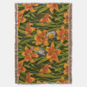 ロビンスとユリの花、オレンジとダークグリーン スローブランケット (正面縦)