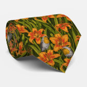 ロビンスとユリの花、オレンジとダークグリーン ネクタイ (ロール)