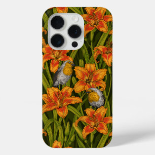 ロビンスとユリの花、オレンジとダークグリーン iPhone 15 PROケース