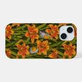 ロビンスとユリの花、オレンジとダークグリーン iPhone 15ケース (裏面横)