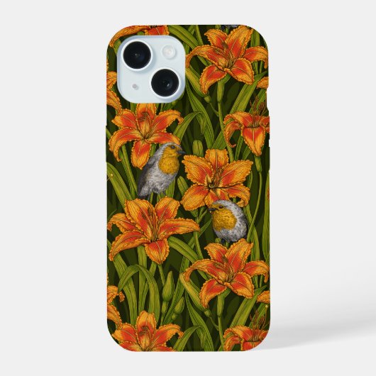 ロビンスとユリの花、オレンジとダークグリーン iPhone 15ケース (裏面)