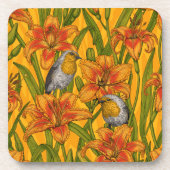 ロビンスとユリの花、オレンジと緑 コースター (正面)