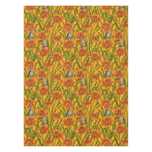 ロビンスとユリの花、オレンジと緑 テーブルクロス (正面)