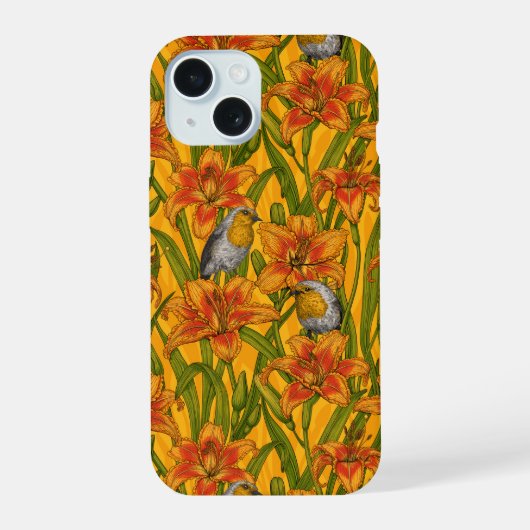 ロビンスとユリの花、オレンジと緑 iPhone 15ケース (裏面)