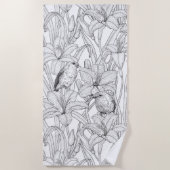 ロビンスとユリの花、白黒 ビーチタオル (正面)