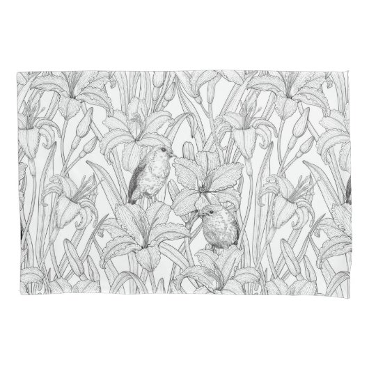 ロビンスとユリの花、白黒 枕カバー (正面左)