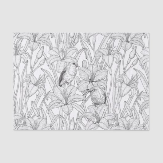 ロビンスとユリの花、白黒 薄葉紙 (正面)