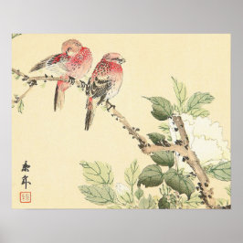 ロビンスと牡丹ヴィンテージの花鳥芸術 ポスター