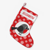 ロビンスノーフレークパーソナライズされたレッド スモールクリスマスストッキング (正面 (吊り時))