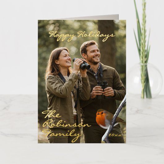 ロビンバードハッピーホリデーズフォトフォイル折り畳みカード 箔シーズンカード (正面)