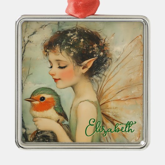 ロビンパーソナライズされたとヴィンテージのクリスマスの妖精 メタルオーナメント (正面)