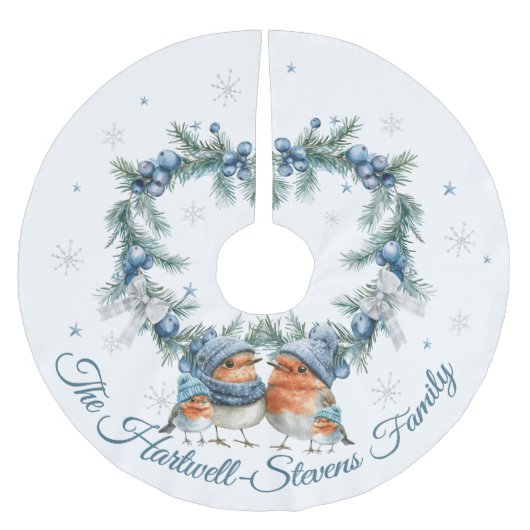 ロビンファミリー&クリスマスリーフ ブラッシュドポリエステルツリースカート (正面)