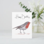 ロビン鳥の水彩画 誕生日アート フェスティブ ウィンター ポストカード (スタンド正面)