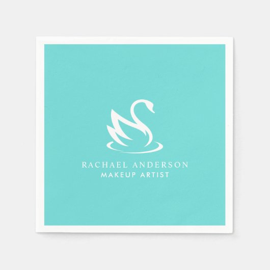 ロビン・エッグブルーにミニマルなホワイトスワンのロゴ スタンダードカクテルナプキン (正面)
