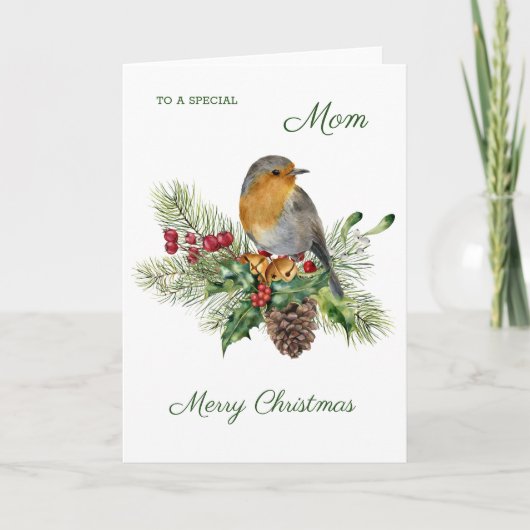 ロビン、ヒイラギ、松 – お母さんクリスマス カード (正面)