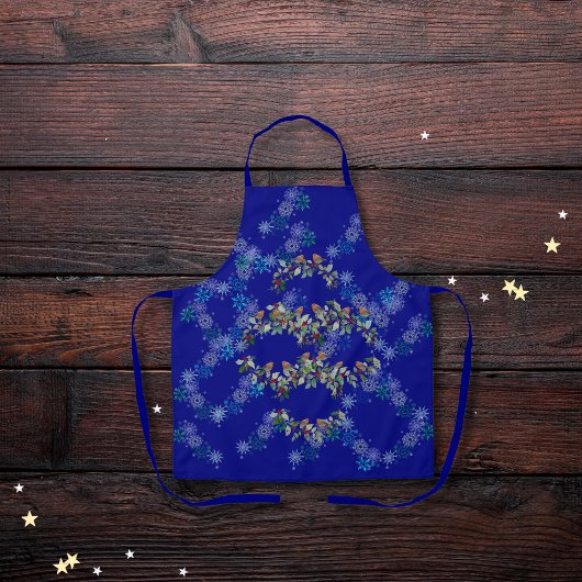 ロビン、リース、雪片が青 エプロン