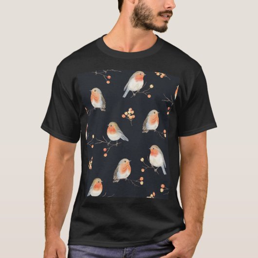 ロビン、ローワンの果実、冬の水の色のパターン。 Tシャツ (正面)
