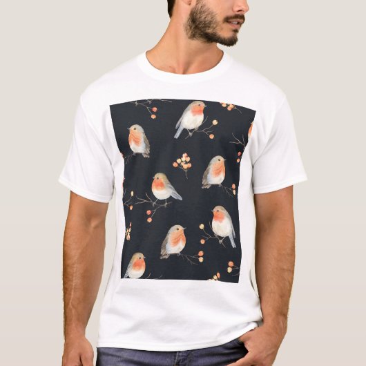 ロビン、ローワンの果実、冬の水の色のパターン。 Tシャツ (正面)