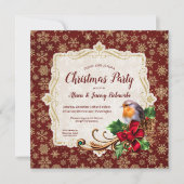 ロビン&金ゴールドグリッタースノーフレークスクリスマスパーティー 招待状 (正面)