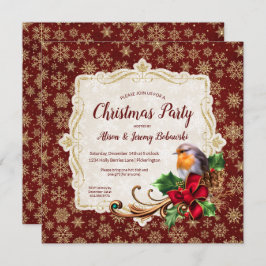 ロビン&金ゴールドグリッタースノーフレークスクリスマスパーティー 招待状