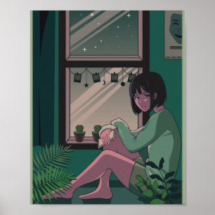 ロフィアニメアート悲し恋しく思い女の子 ポスター