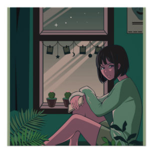 ロフィアニメアート悲し恋しく思い女の子 ポスター