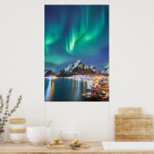 ロフォテンのレーヌへの橋の上のオーロラの夜 ポスター (キッチン)