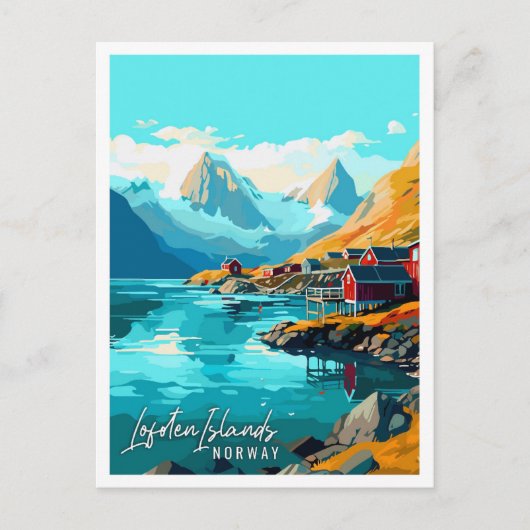 ロフォテンアイランズノルウェーヴィンテージ旅行イラストレーション ポストカード (正面)