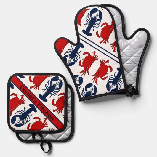 ロブスターとカニ甲殻類シーフード 鍋つかみ&鍋敷きセット (正面/裏面)