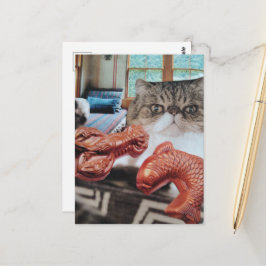 ロブスターと魚のコラージュと可愛い猫 ポストカード